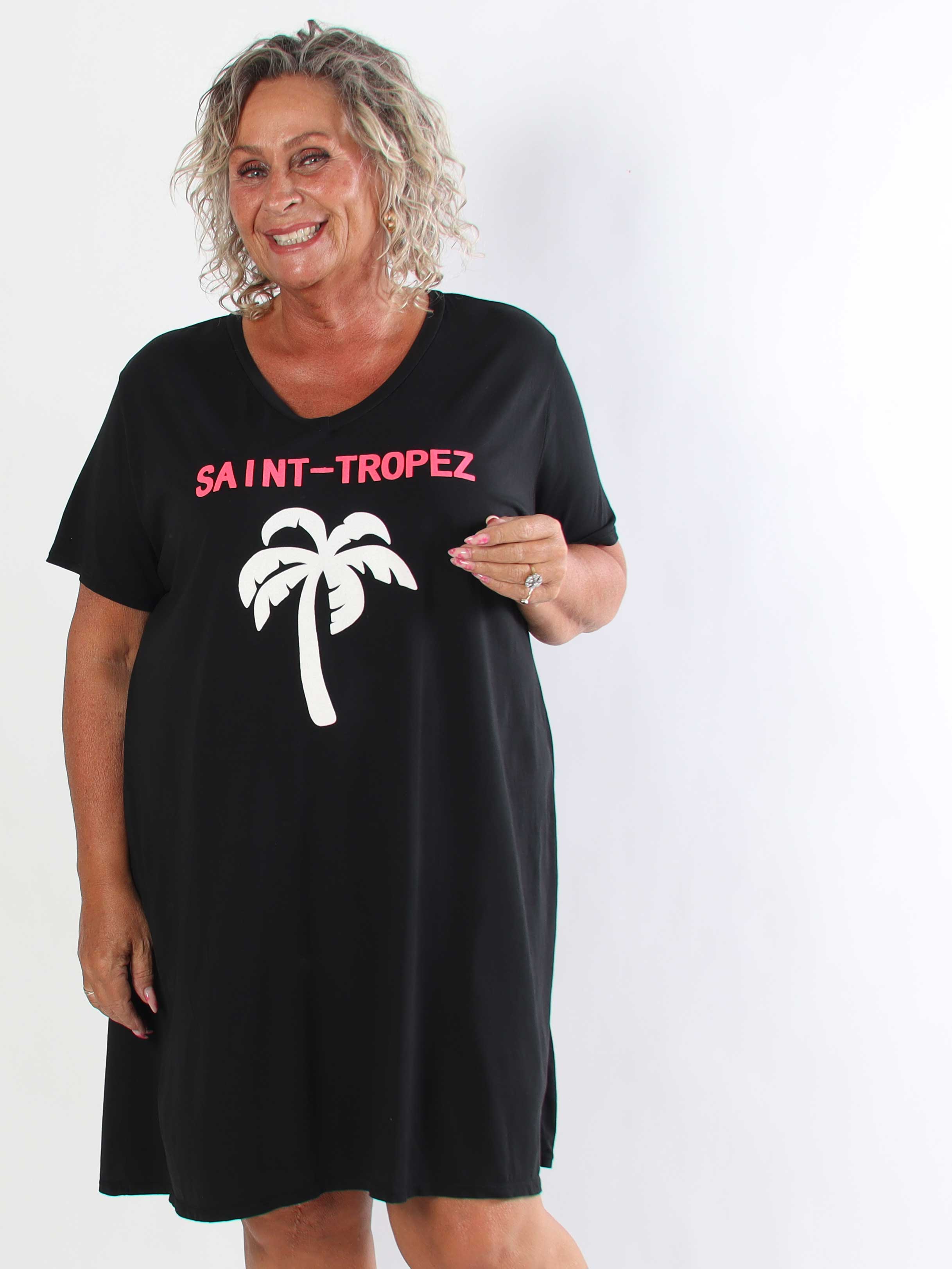 Janina - Blød plus size t-shirtkjole i bomuld med palme på maven